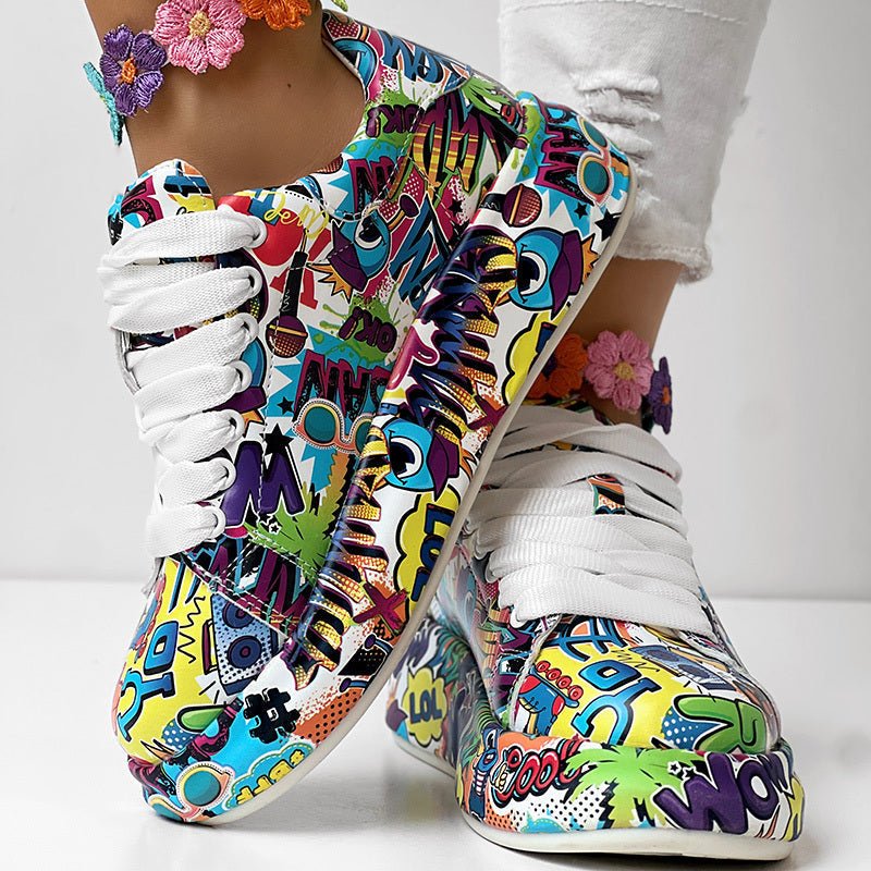 Round-Toe Thick-Sole Lace-Up Sneakers — Women’s Casual Print Shoes - Courbe et Compagnie