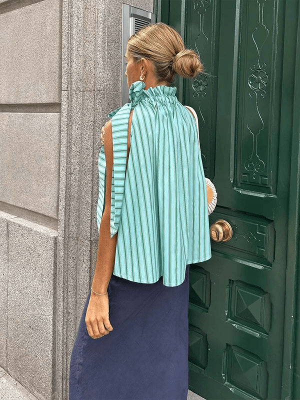 Ruffle Collar Striped Top - Casual Loose Sleeveless Blouse for Women - Courbe et Compagnie