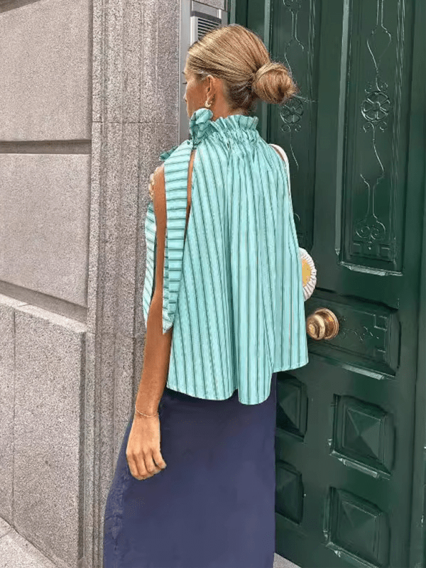 Ruffle Collar Striped Top - Casual Loose Sleeveless Blouse for Women - Courbe et Compagnie