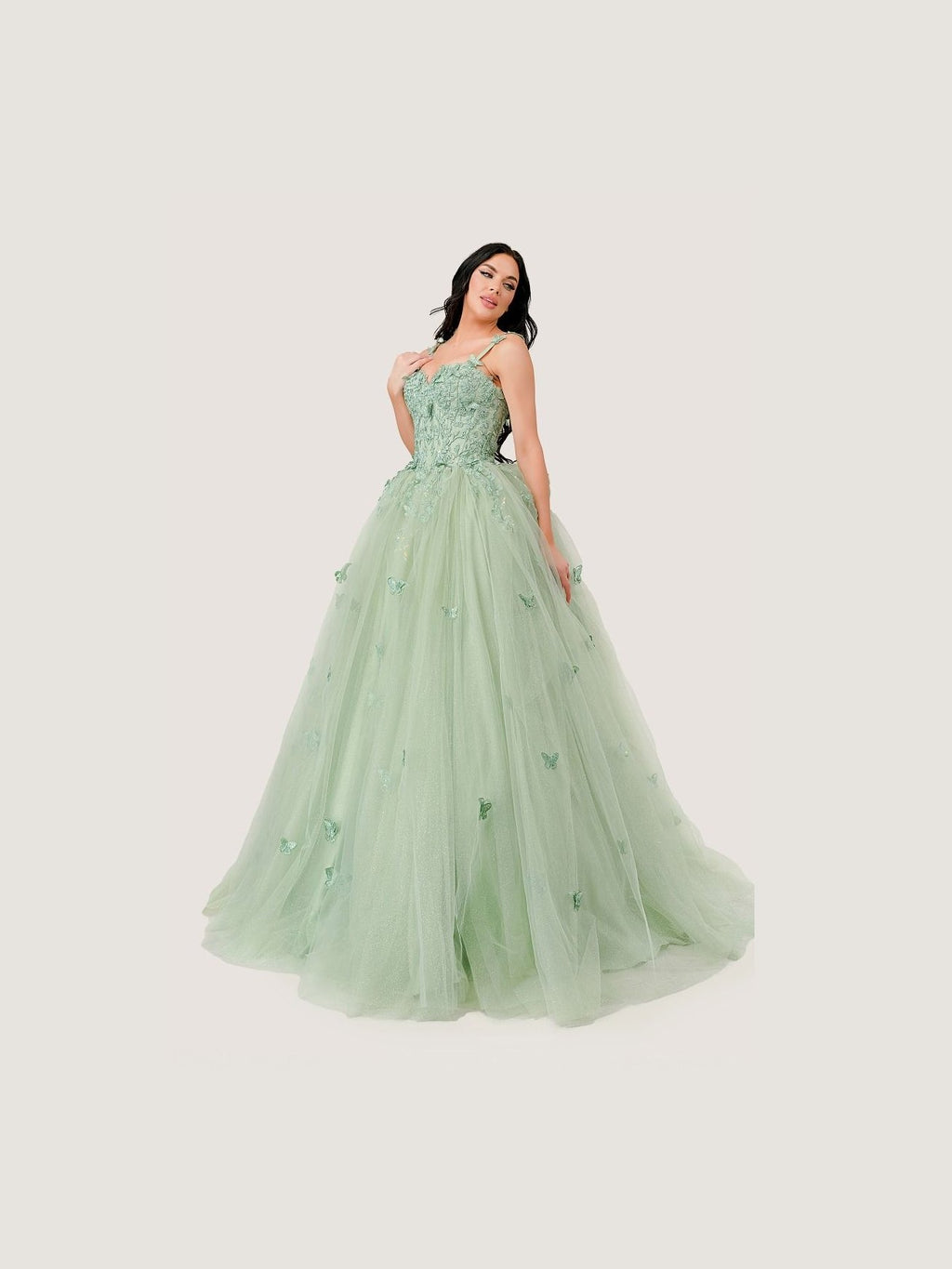 Sage Green | Butterfly Tulle Quinceañera Ball Gown with Beaded Bodice & Sweetheart Neckline CD15718 - Courbe et Compagnie