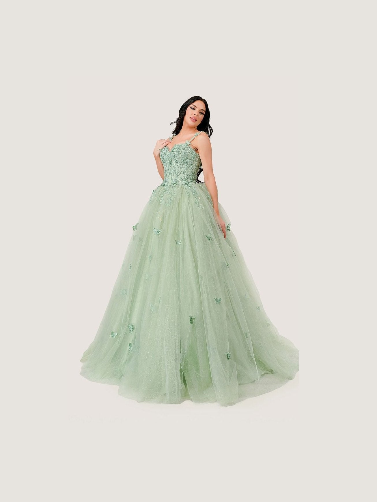 Sage Green | Butterfly Tulle Quinceañera Ball Gown with Beaded Bodice & Sweetheart Neckline CD15718 - Courbe et Compagnie