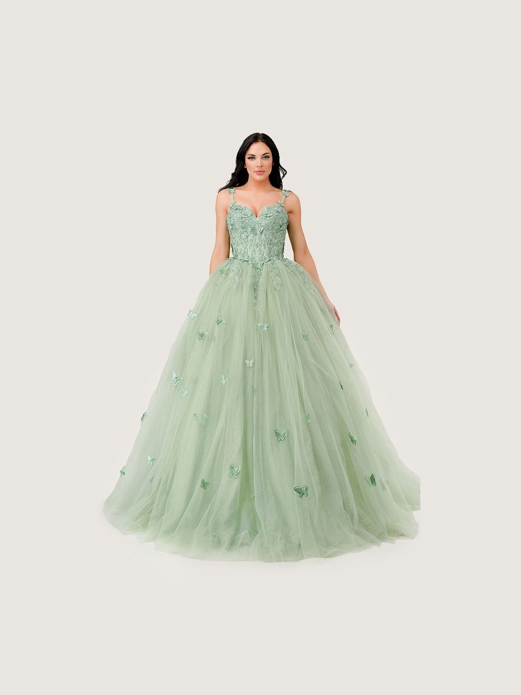 Sage Green | Butterfly Tulle Quinceañera Ball Gown with Beaded Bodice & Sweetheart Neckline CD15718 - Courbe et Compagnie