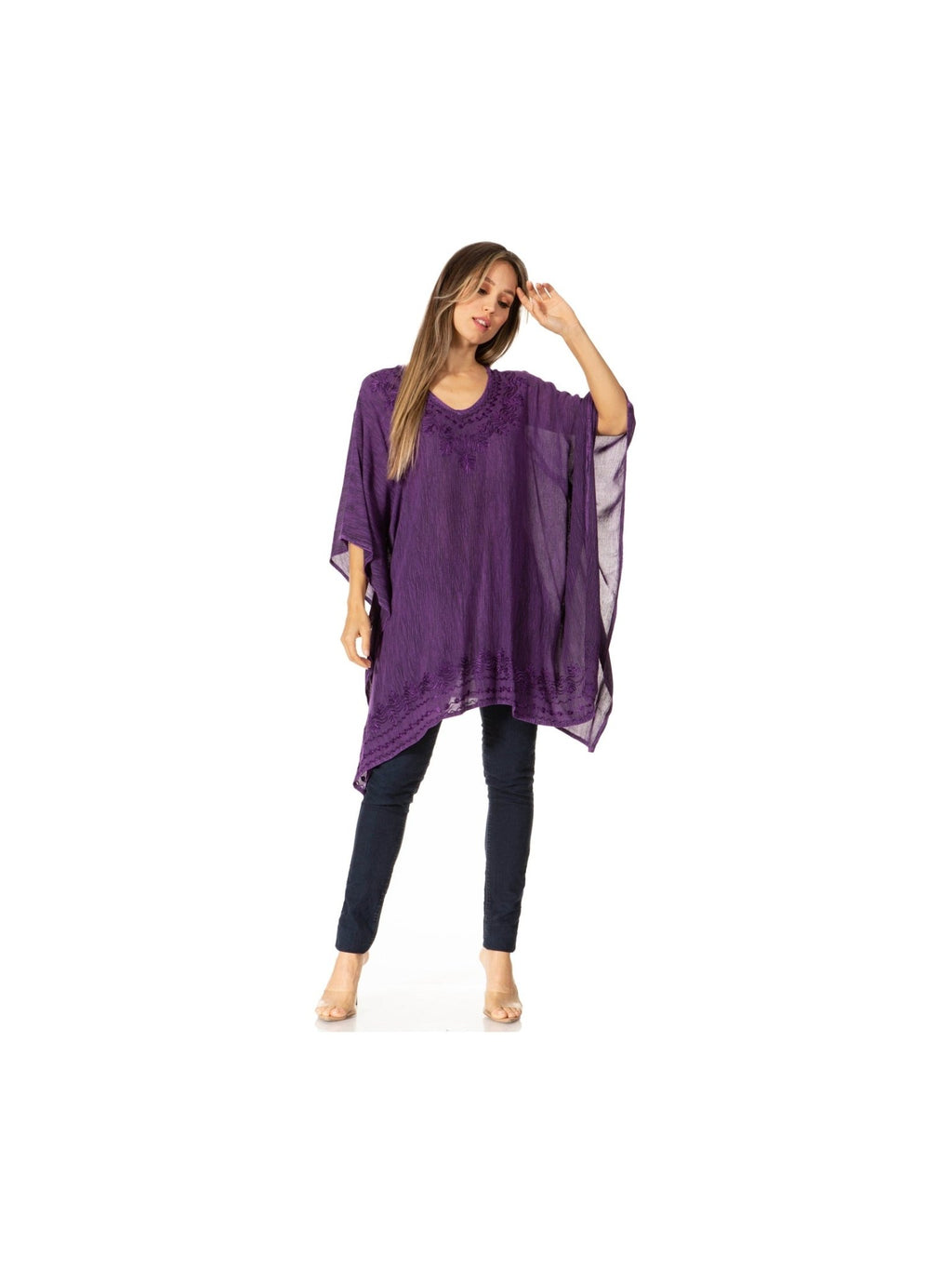 Sakkas Wren Lightweight Circle Poncho Top Blouse With Detailed Embroidery - Courbe et Compagnie