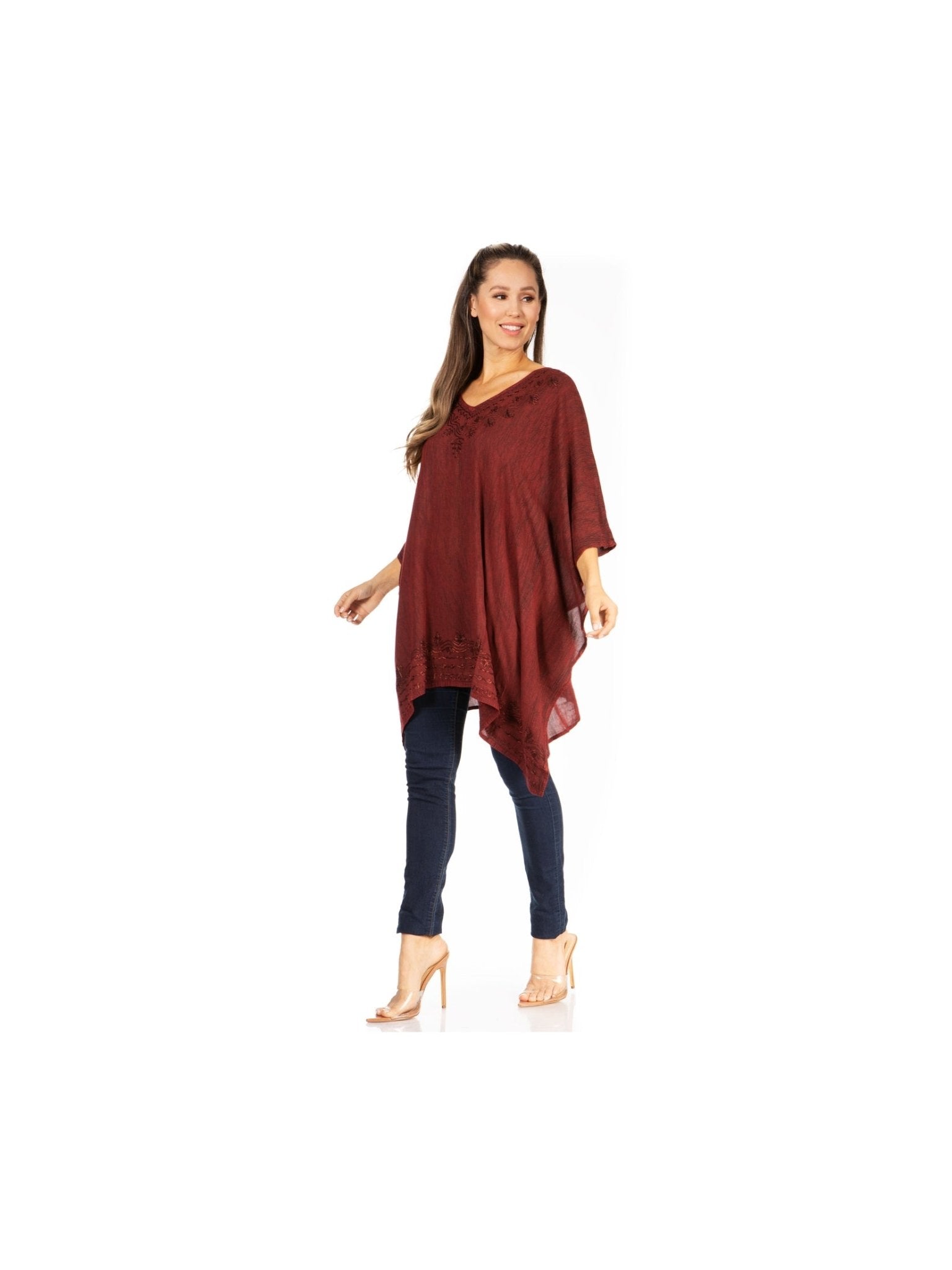 Sakkas Wren Lightweight Circle Poncho Top Blouse With Detailed Embroidery - Courbe et Compagnie