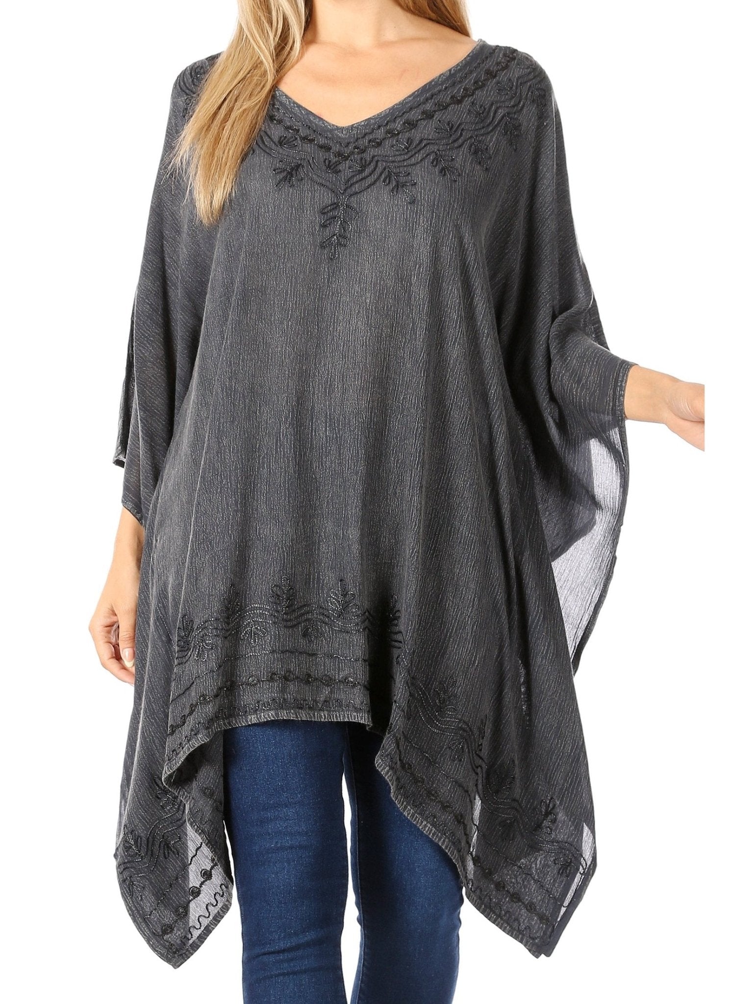 Sakkas Wren Lightweight Circle Poncho Top Blouse With Detailed Embroidery - Courbe et Compagnie
