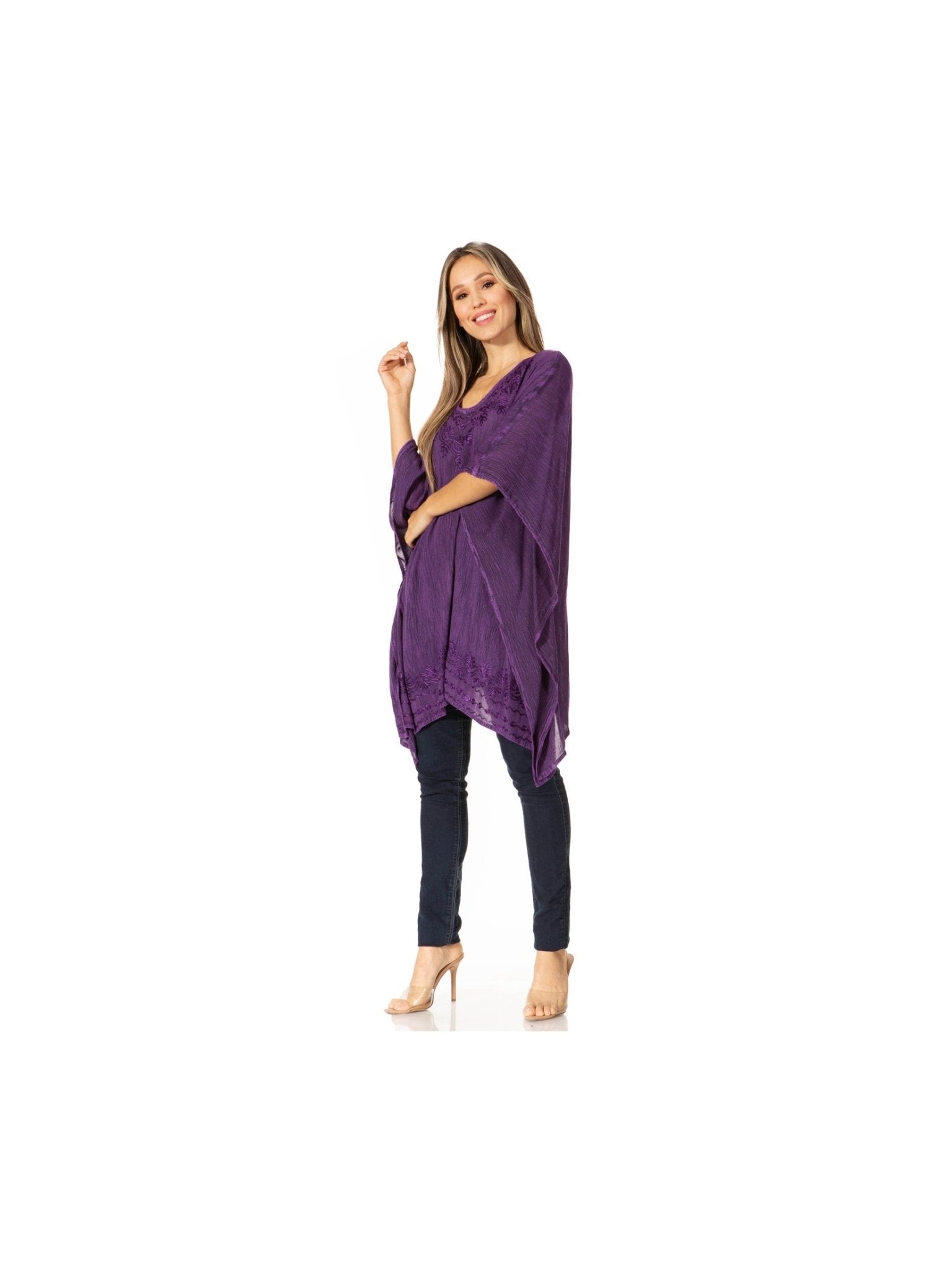 Sakkas Wren Lightweight Circle Poncho Top Blouse With Detailed Embroidery - Courbe et Compagnie