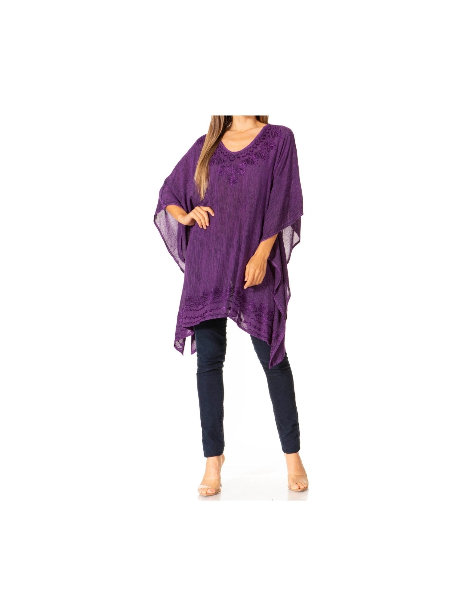 Sakkas Wren Lightweight Circle Poncho Top Blouse With Detailed Embroidery - Courbe et Compagnie