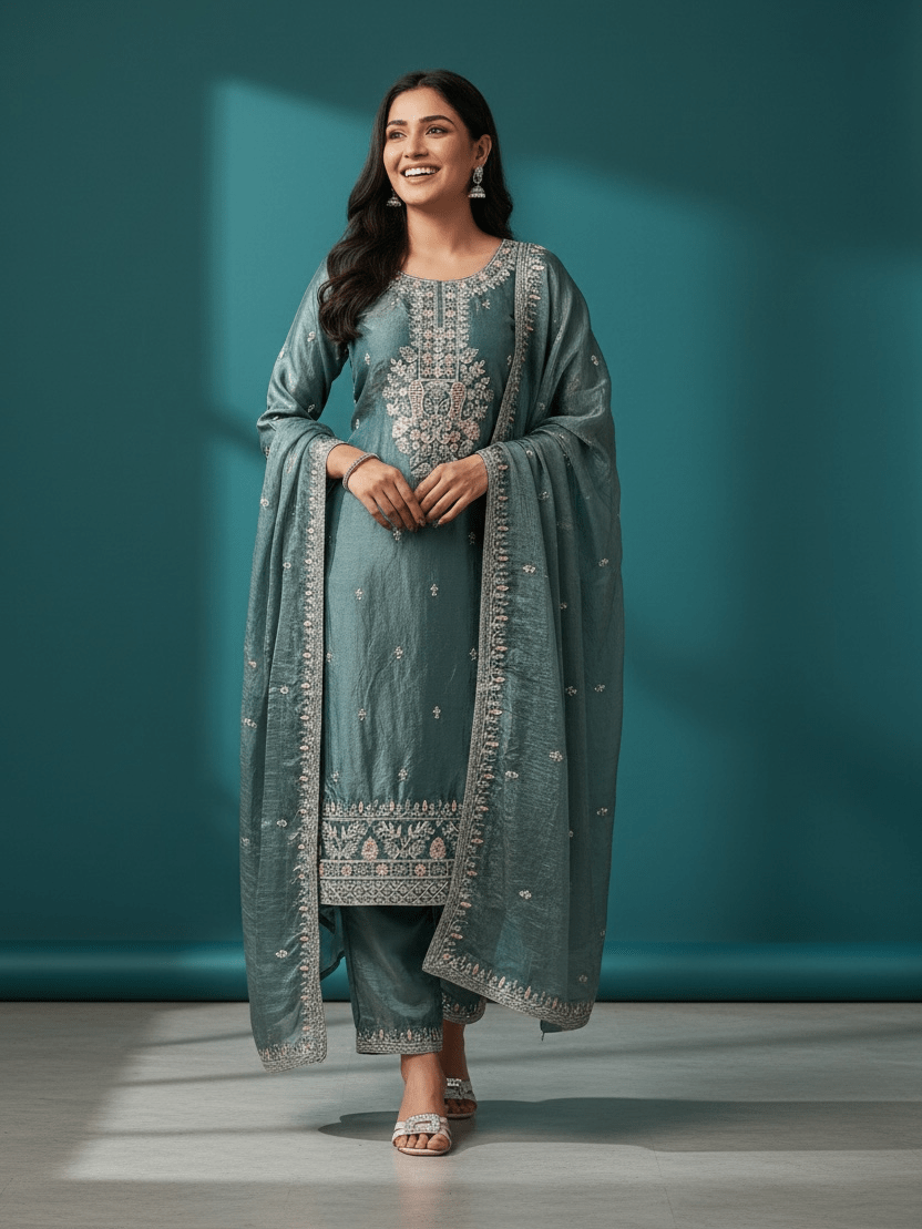 Sea Green Tissue Silk Salwar Suit - Courbe et Compagnie