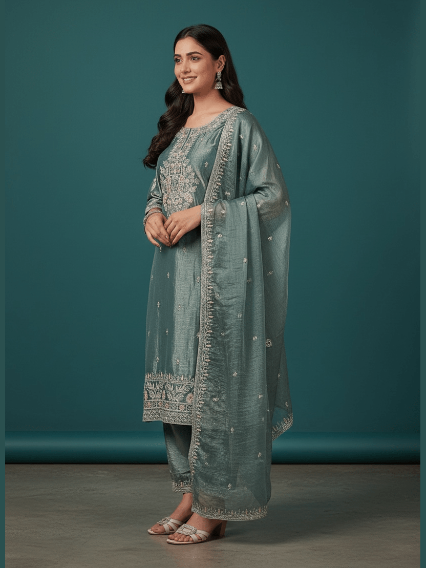Sea Green Tissue Silk Salwar Suit - Courbe et Compagnie