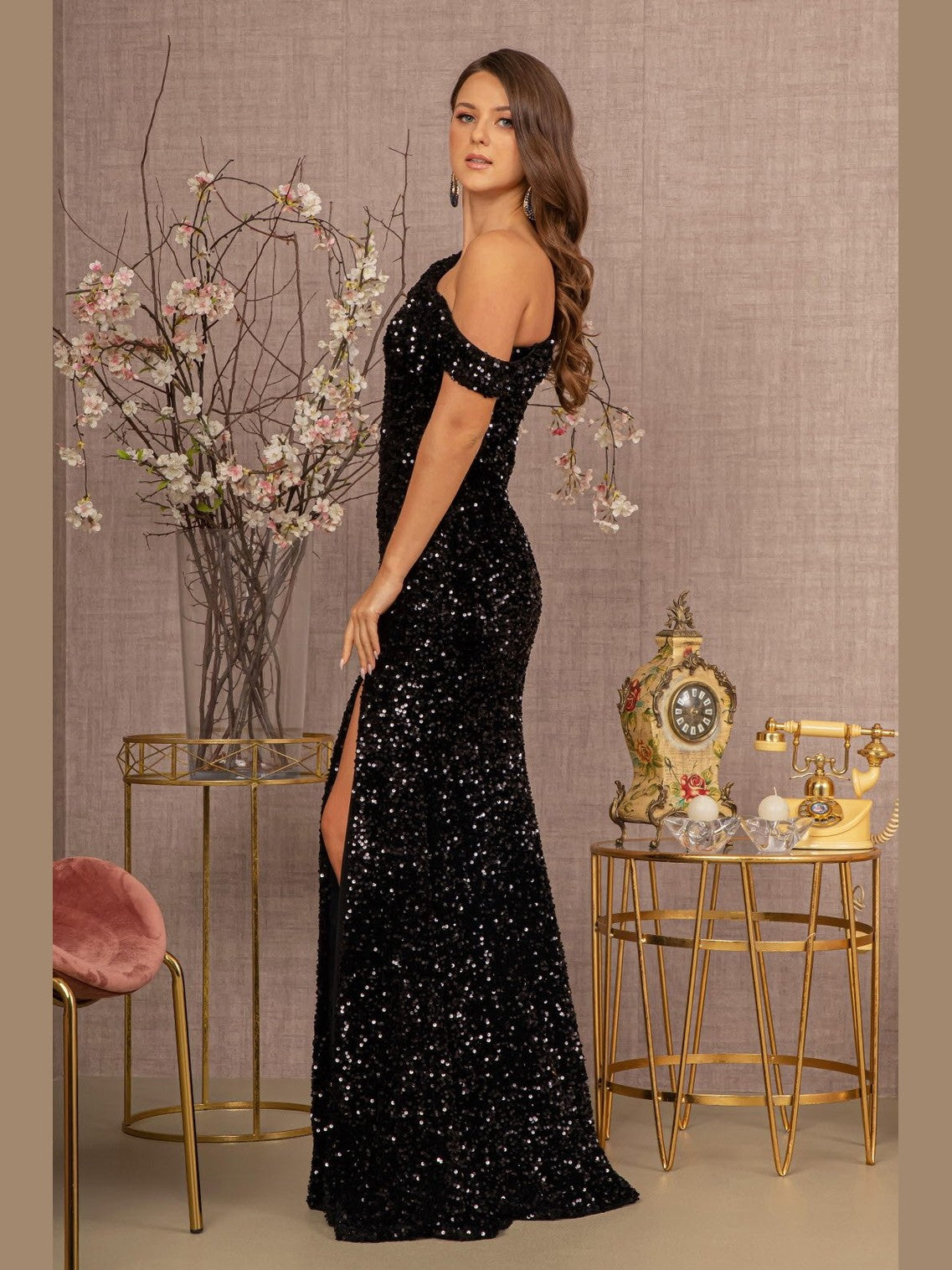 Sequin Asymmetric Velvet Festive Mermaid Gown w/ One Long Puff Sleeve GLGL3159 - Courbe et Compagnie
