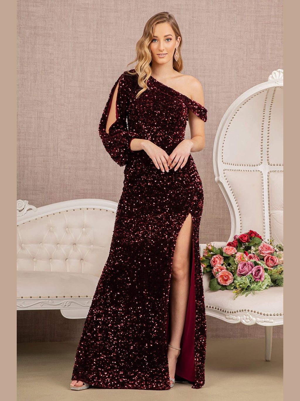 Sequin Asymmetric Velvet Festive Mermaid Gown w/ One Long Puff Sleeve GLGL3159 - Courbe et Compagnie