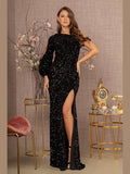 Sequin Asymmetric Velvet Festive Mermaid Gown w/ One Long Puff Sleeve GLGL3159 - Courbe et Compagnie