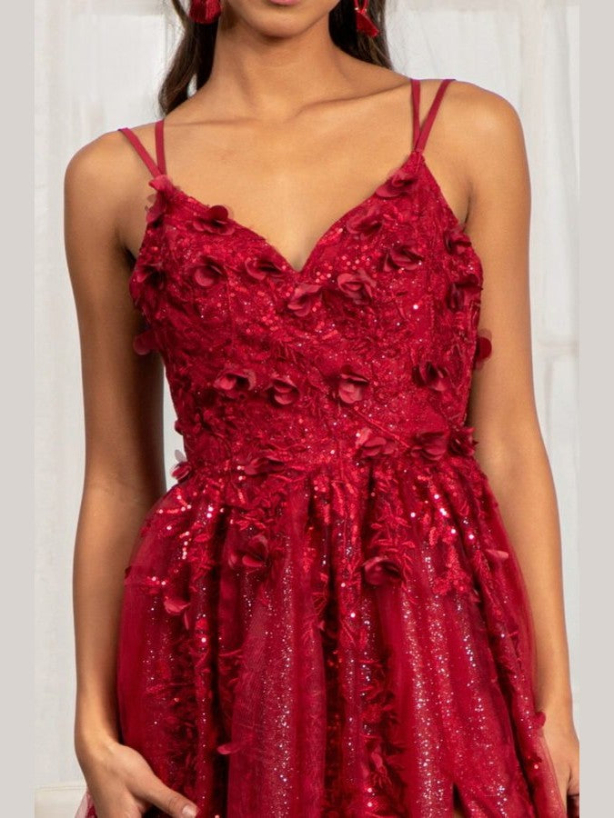 Sequin Embellished Mesh A-line Dress w/ 3-D Flower Applique and Side Slit - Courbe et Compagnie