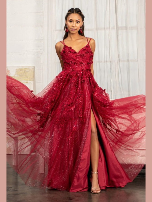 Sequin Embellished Mesh A-line Dress w/ 3-D Flower Applique and Side Slit - Courbe et Compagnie