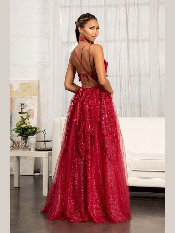 Sequin Embellished Mesh A-line Dress w/ 3-D Flower Applique and Side Slit - Courbe et Compagnie