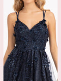 Sequin Embellished Mesh A-line Dress w/ 3-D Flower Applique and Side Slit - Courbe et Compagnie
