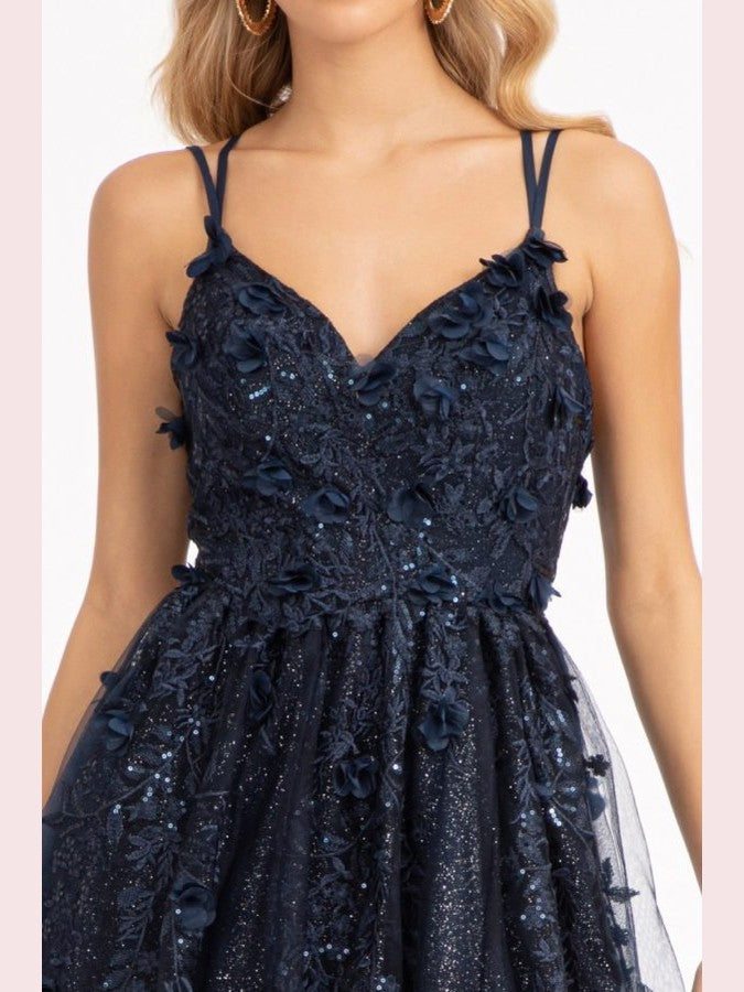 Sequin Embellished Mesh A-line Dress w/ 3-D Flower Applique and Side Slit - Courbe et Compagnie