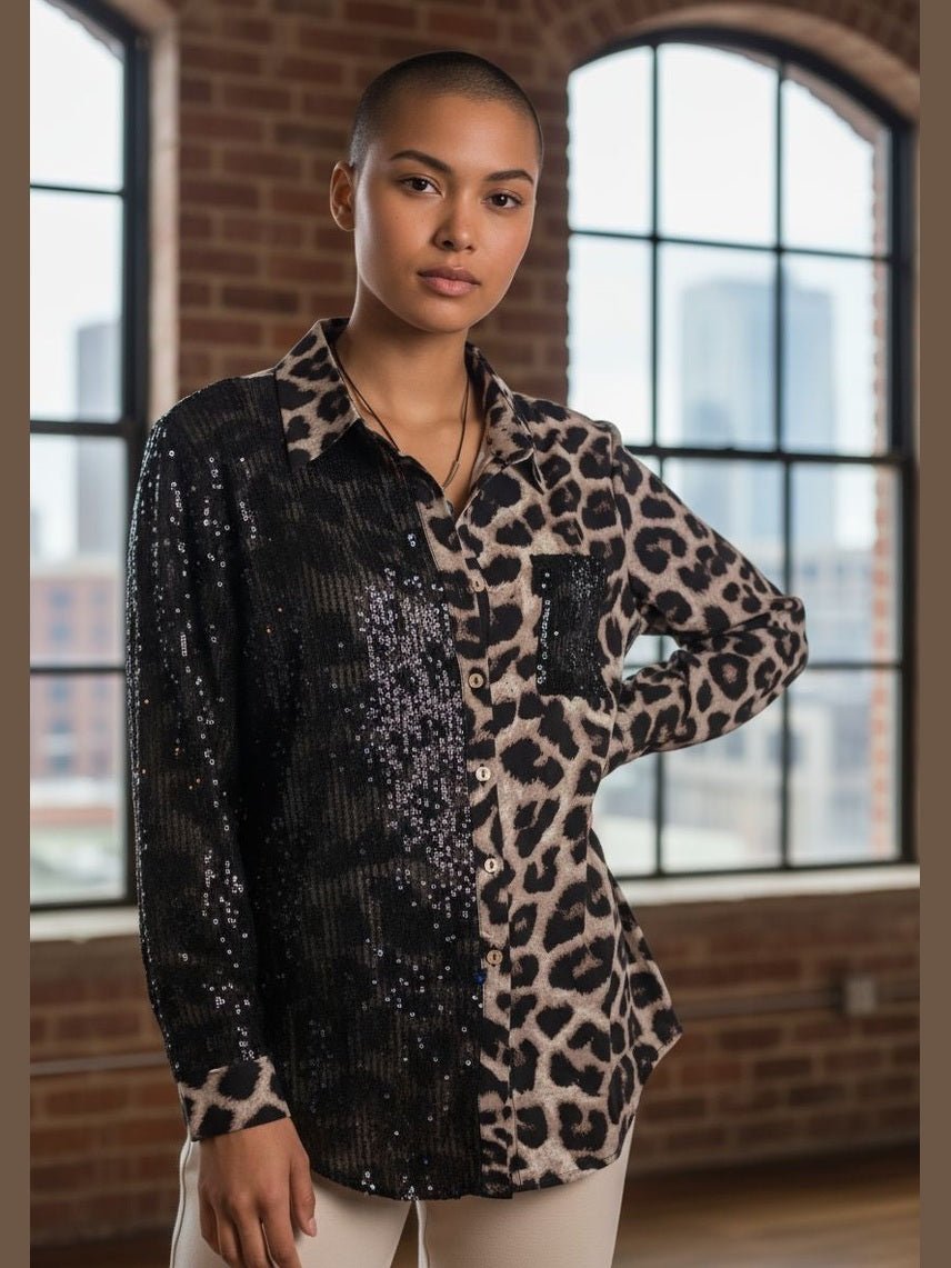 Sequin Leopard Print Button Down Blouse – Glam Wild Long Sleeve Top - Courbe et Compagnie