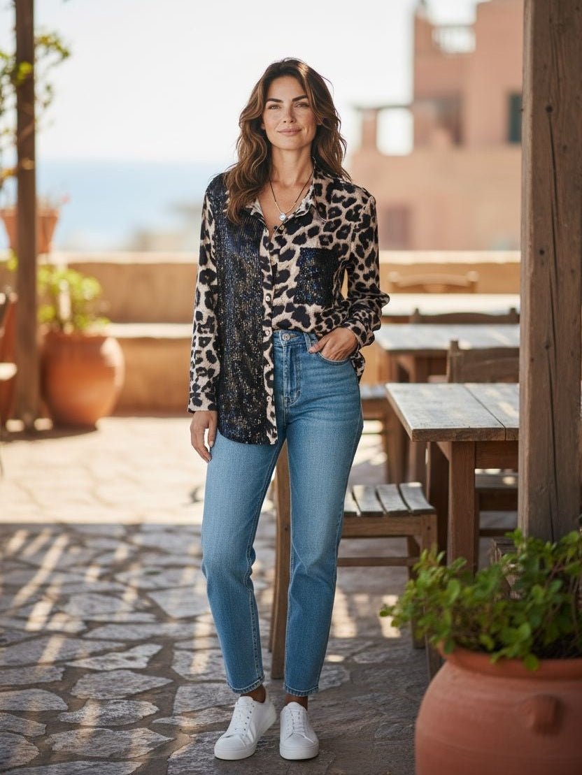 Sequin Leopard Print Button Down Blouse – Glam Wild Long Sleeve Top - Courbe et Compagnie