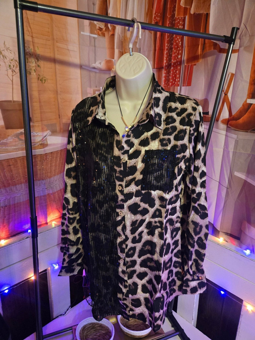 Sequin Leopard Print Button Down Blouse – Glam Wild Long Sleeve Top - Courbe et Compagnie