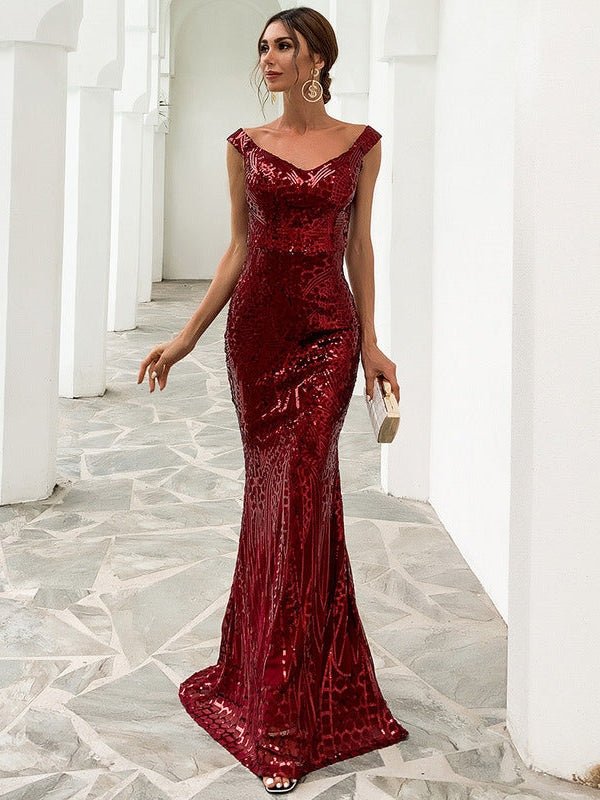 Sequined Off-Shoulder Fishtail Maxi Gown - Courbe et Compagnie