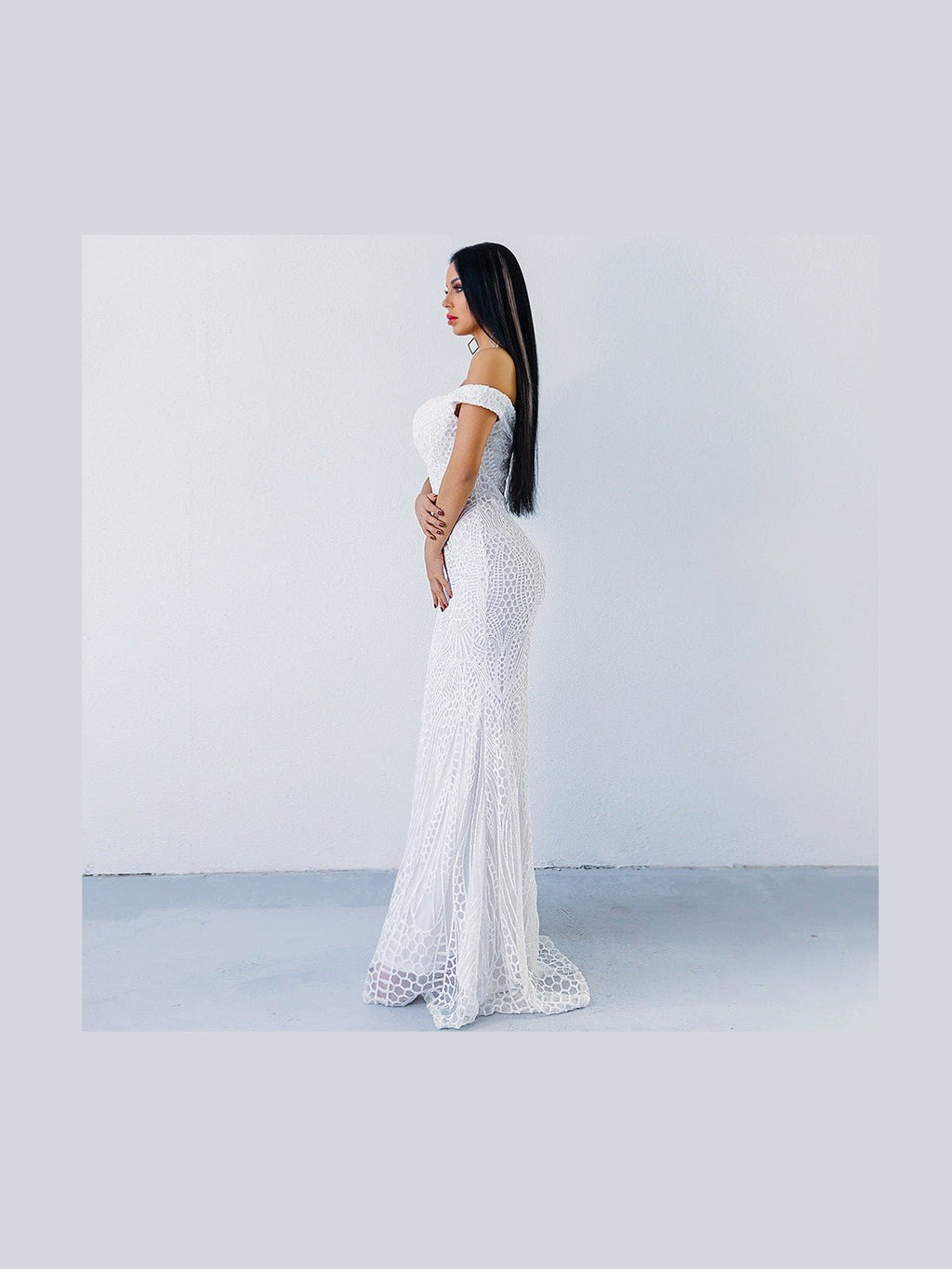 Sequined Off-Shoulder Fishtail Maxi Gown - Courbe et Compagnie