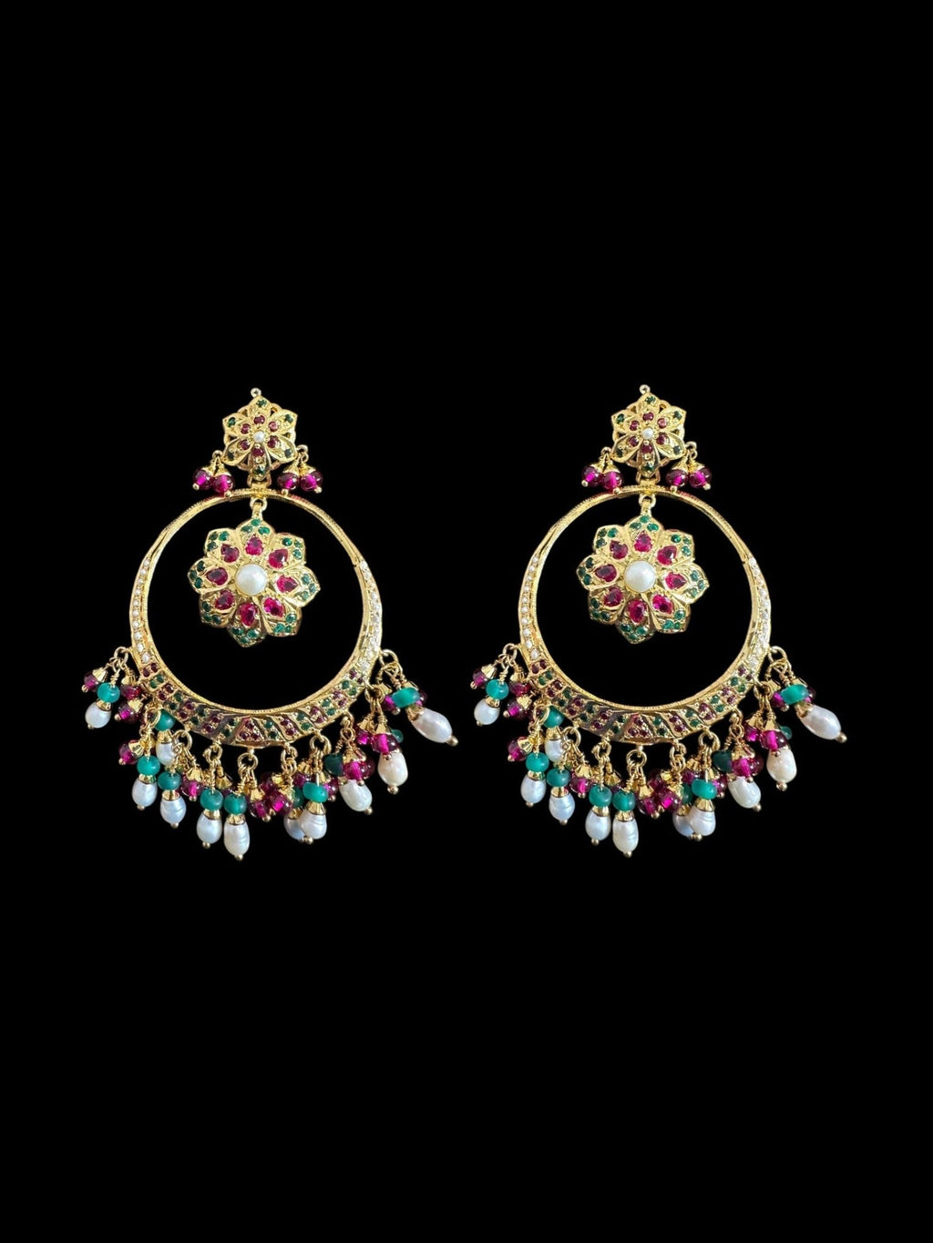 SER21 Ruby emerald pearl gold plated silver chandbali earrings ( READY TO SHIP ) - Courbe et Compagnie