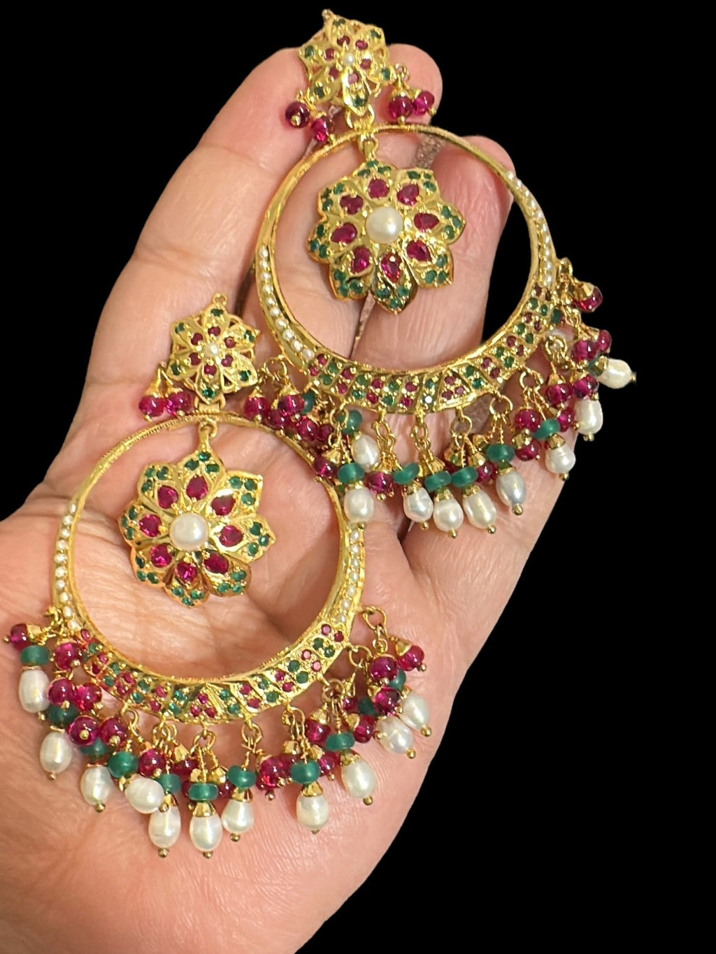 SER21 Ruby emerald pearl gold plated silver chandbali earrings ( READY TO SHIP ) - Courbe et Compagnie