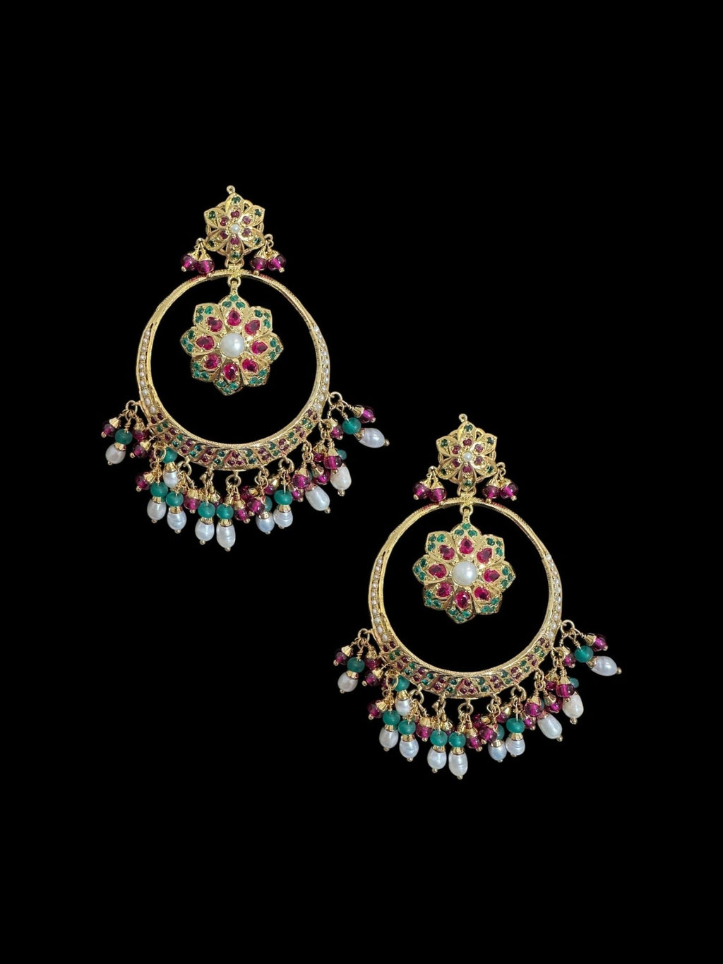SER21 Ruby emerald pearl gold plated silver chandbali earrings ( READY TO SHIP ) - Courbe et Compagnie