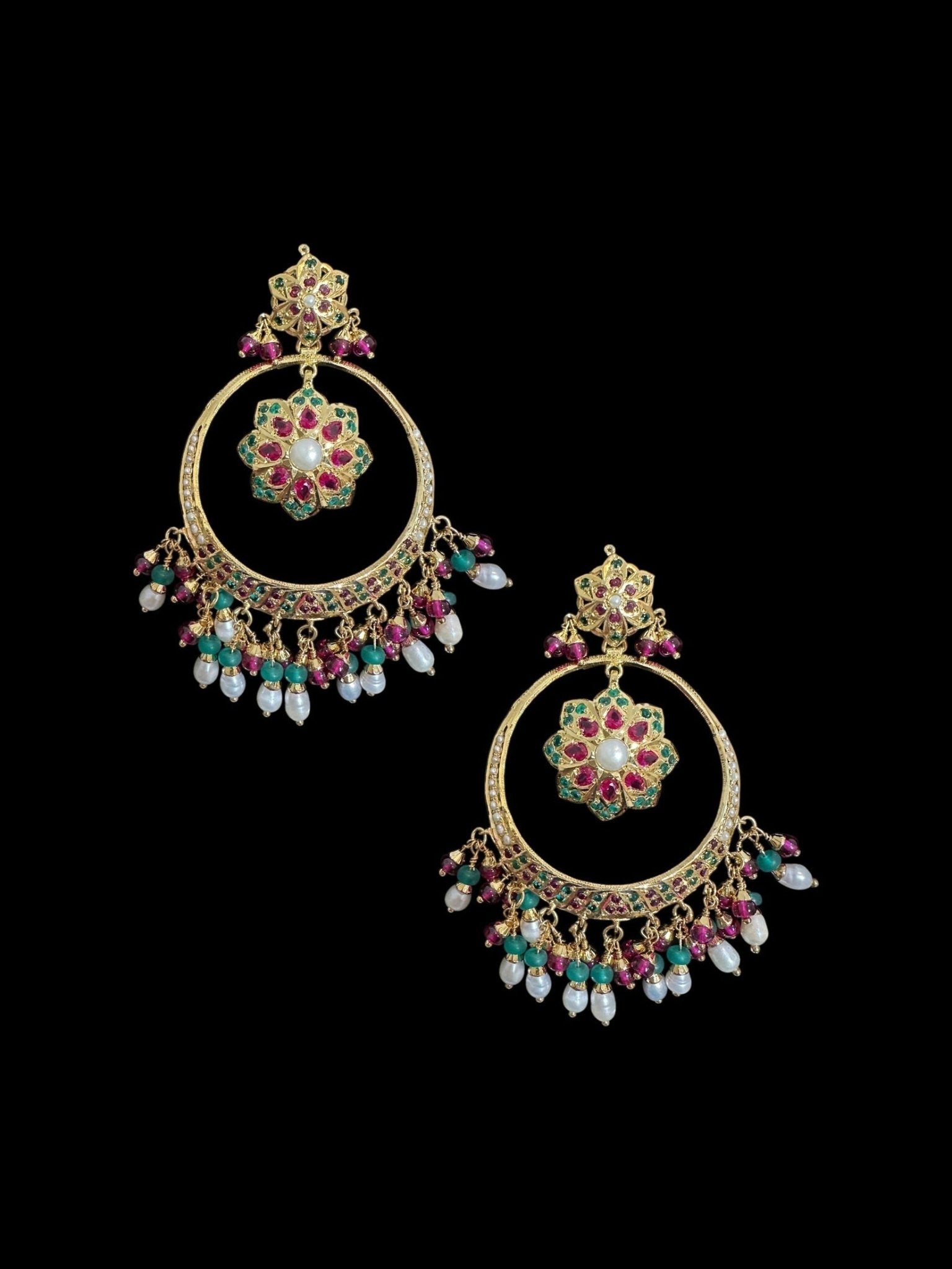 SER21 Ruby emerald pearl gold plated silver chandbali earrings ( READY TO SHIP ) - Courbe et Compagnie