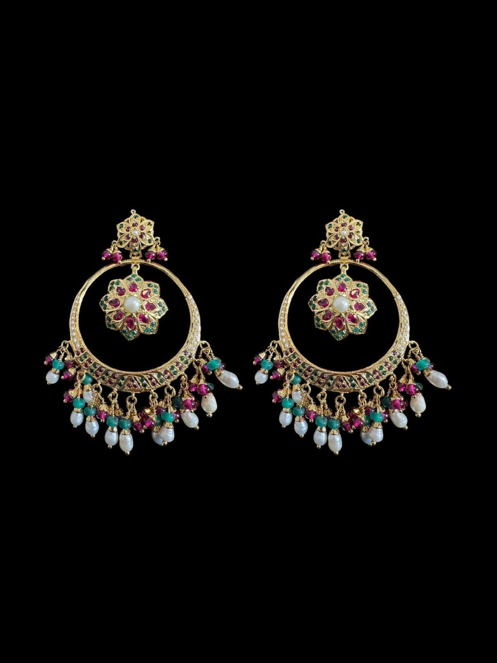 SER21 Ruby emerald pearl gold plated silver chandbali earrings ( READY TO SHIP ) - Courbe et Compagnie