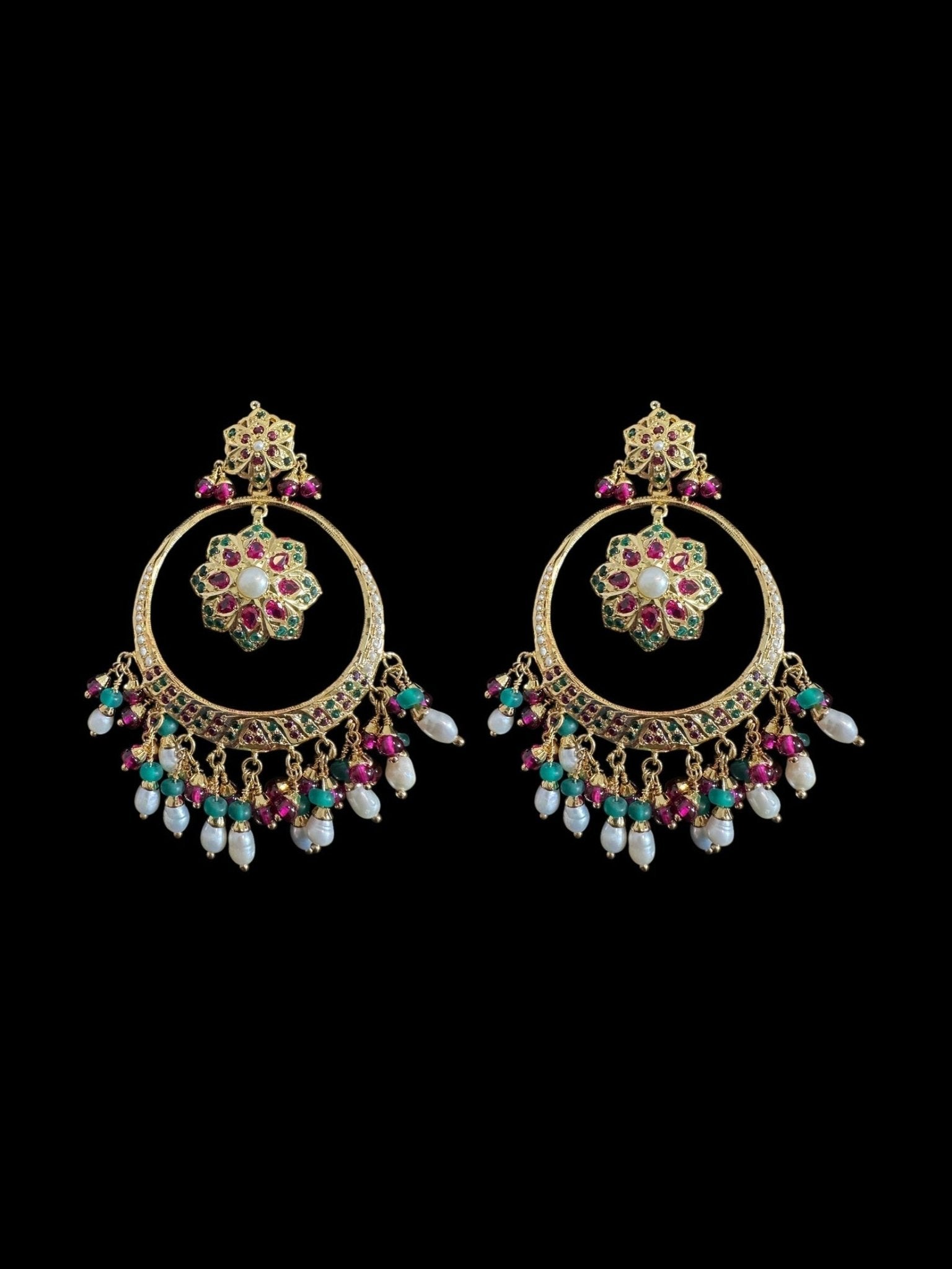 SER21 Ruby emerald pearl gold plated silver chandbali earrings ( READY TO SHIP ) - Courbe et Compagnie