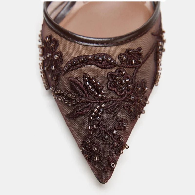 Sexy Pointed Toe Mesh Embroider High Heels for ladies Elegant String Bead pumps Summer Luxury Designer Shoe Brown Heeled Sandals - Courbe et Compagnie