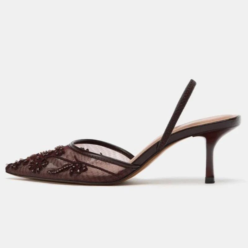 Sexy Pointed Toe Mesh Embroider High Heels for ladies Elegant String Bead pumps Summer Luxury Designer Shoe Brown Heeled Sandals - Courbe et Compagnie