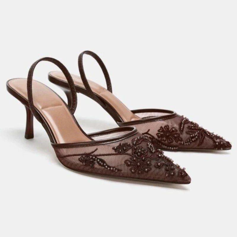 Sexy Pointed Toe Mesh Embroider High Heels for ladies Elegant String Bead pumps Summer Luxury Designer Shoe Brown Heeled Sandals - Courbe et Compagnie