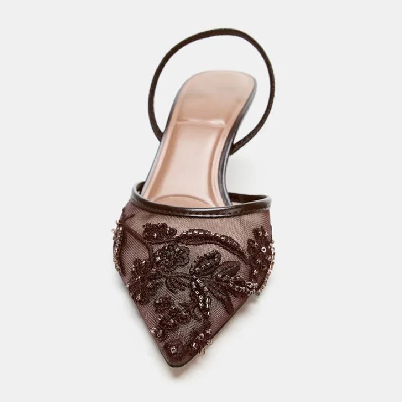 Sexy Pointed Toe Mesh Embroider High Heels for ladies Elegant String Bead pumps Summer Luxury Designer Shoe Brown Heeled Sandals - Courbe et Compagnie