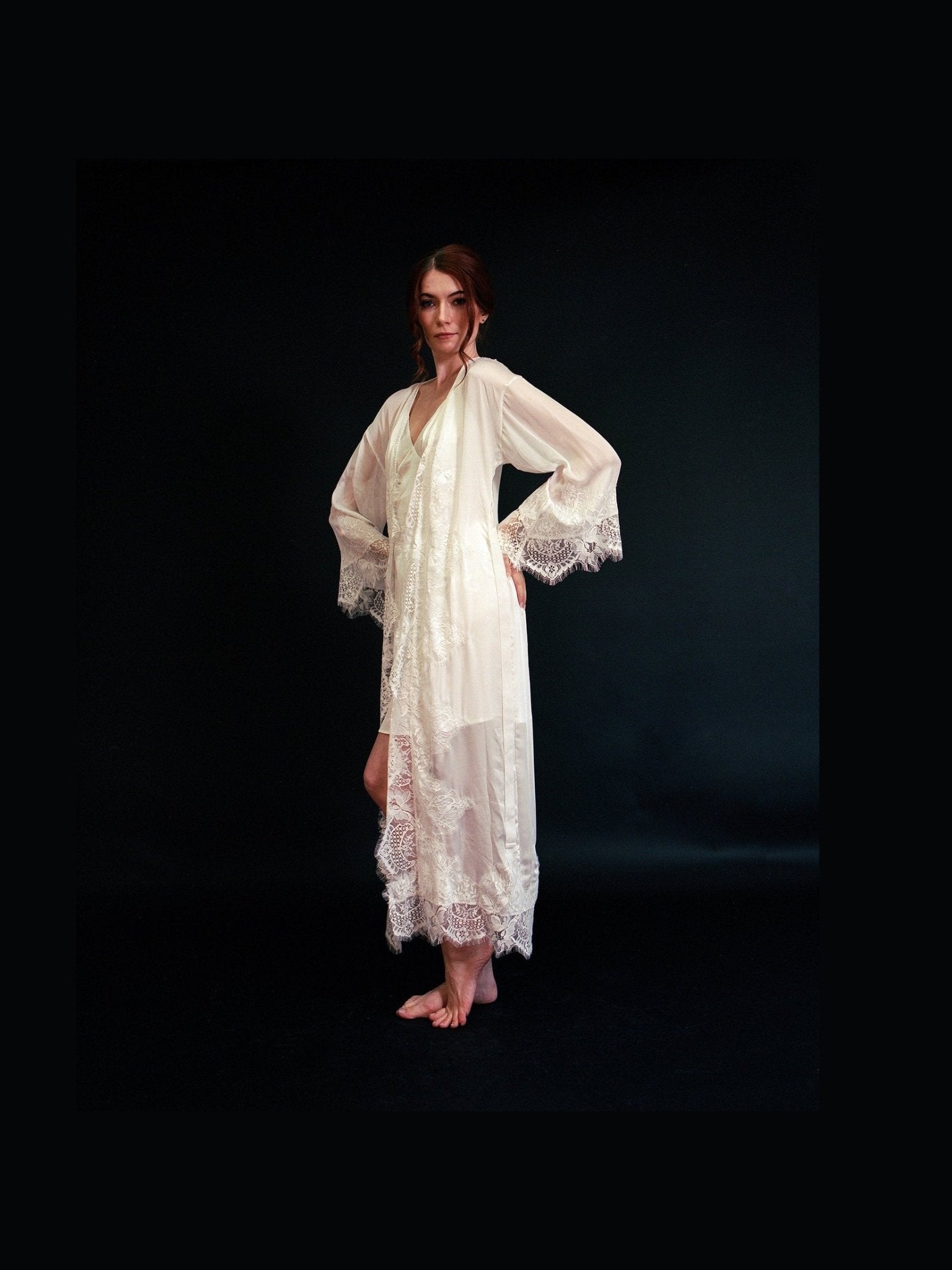 Silky Chiffon Trimmed Lace Long Lingerie Robe with Nightgown - Courbe et Compagnie