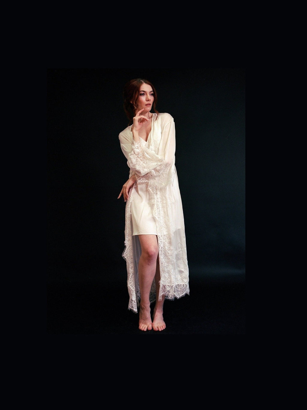 Silky Chiffon Trimmed Lace Long Lingerie Robe with Nightgown - Courbe et Compagnie