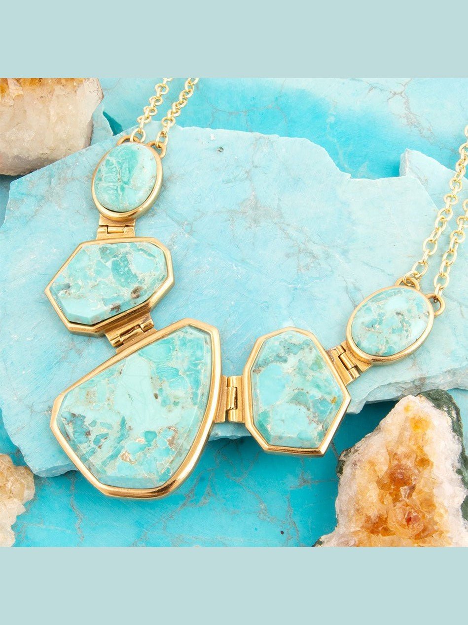 Slabs of Blue Turquoise Golden Statement Necklace - Courbe et Compagnie