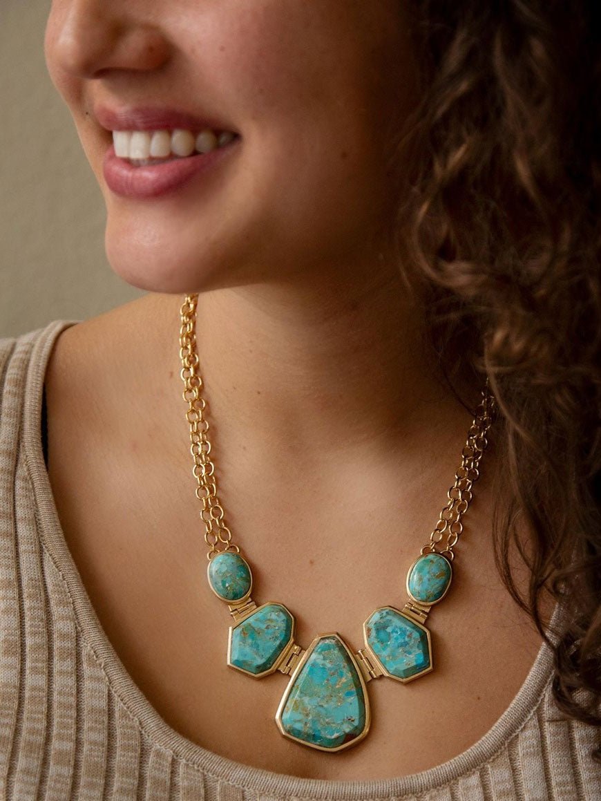 Slabs of Blue Turquoise Golden Statement Necklace - Courbe et Compagnie