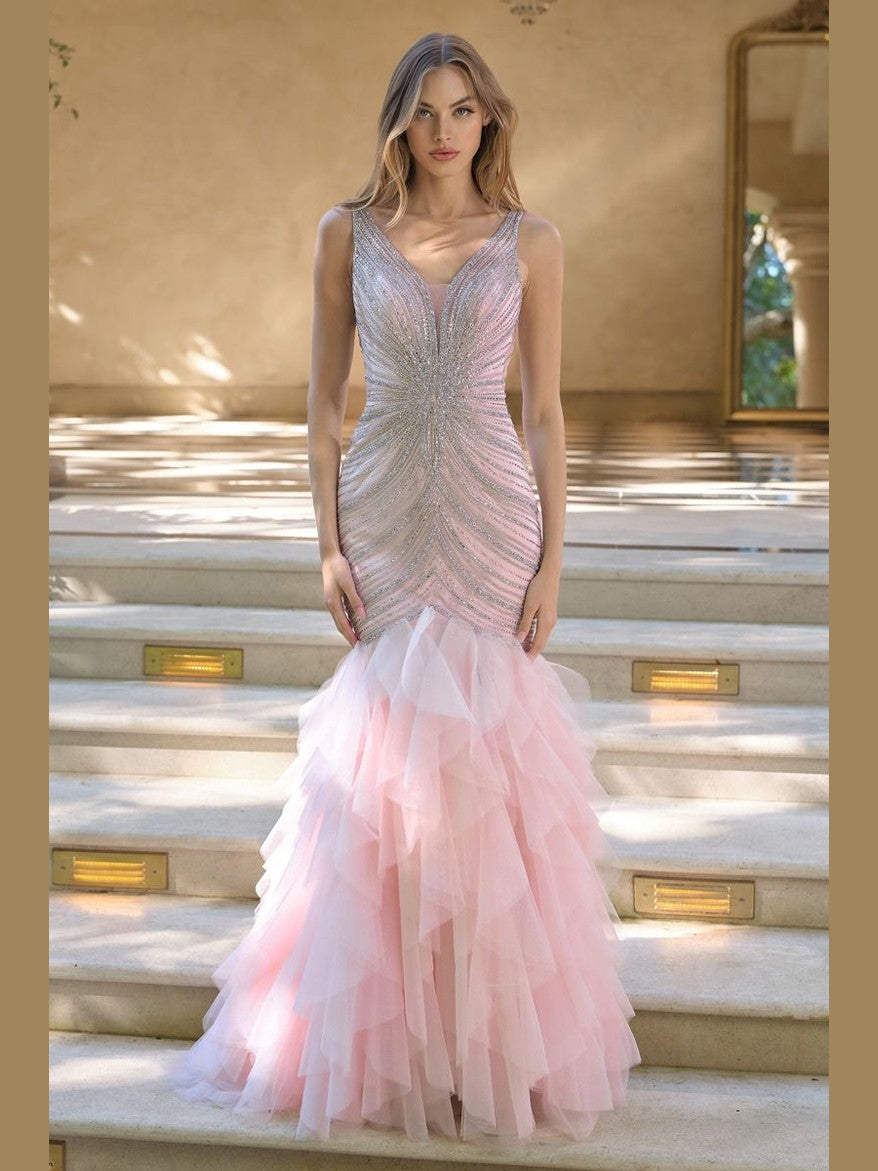 Sleeveless Maxi Special Occasion Gown w/ Ruffled Skirt & Rhinestones Embroidery CDA1493 - Courbe et Compagnie