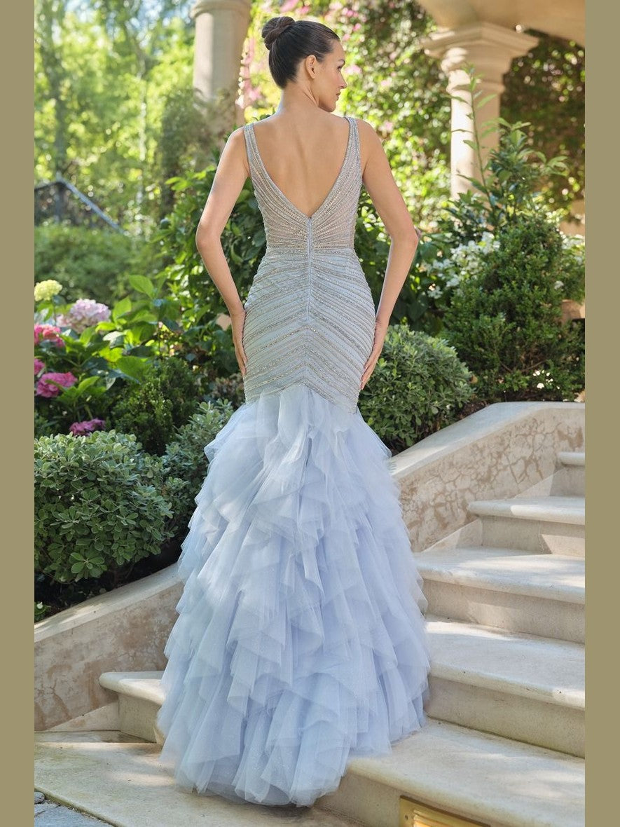 Sleeveless Maxi Special Occasion Gown w/ Ruffled Skirt & Rhinestones Embroidery CDA1493 - Courbe et Compagnie