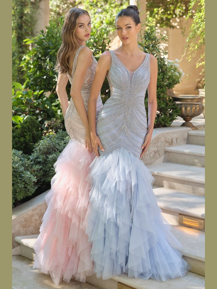 Sleeveless Maxi Special Occasion Gown w/ Ruffled Skirt & Rhinestones Embroidery CDA1493 - Courbe et Compagnie