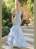 Sleeveless Maxi Special Occasion Gown w/ Ruffled Skirt & Rhinestones Embroidery CDA1493 - Courbe et Compagnie