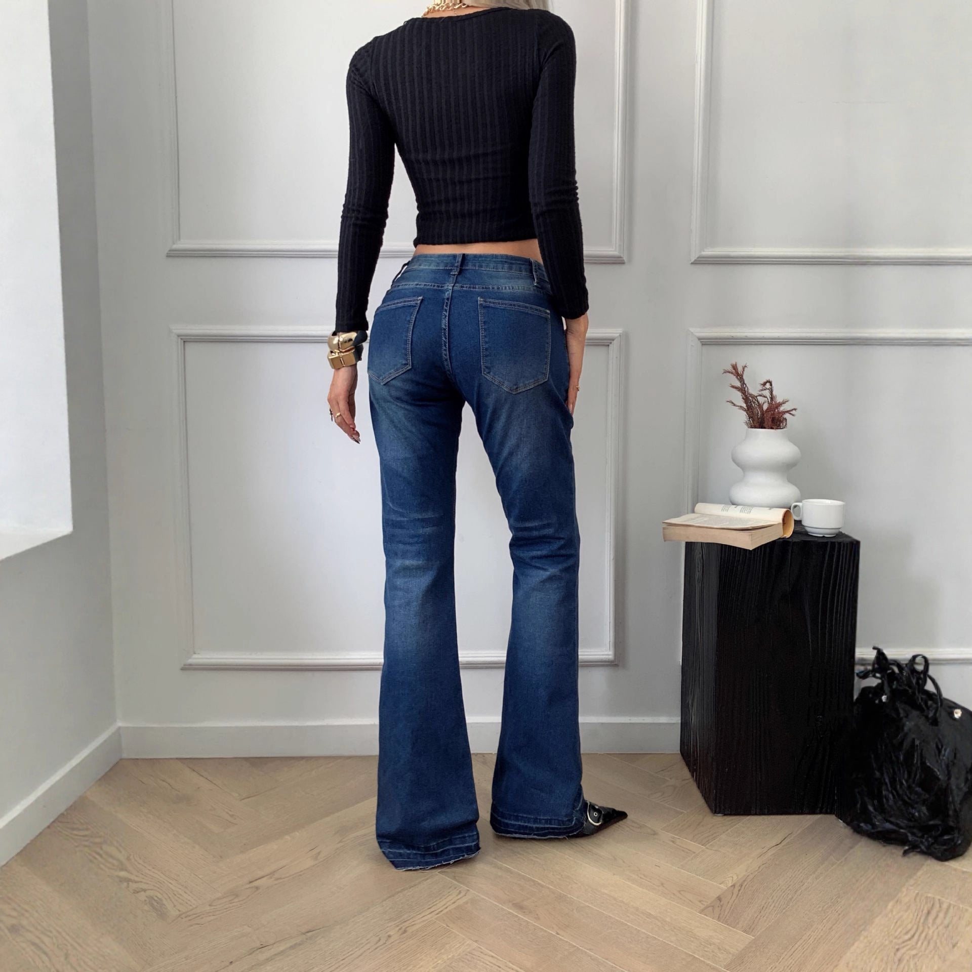 Slimming High Waist Denim Culottes Floor Grazing Fit In Dark Blue - Courbe et Compagnie