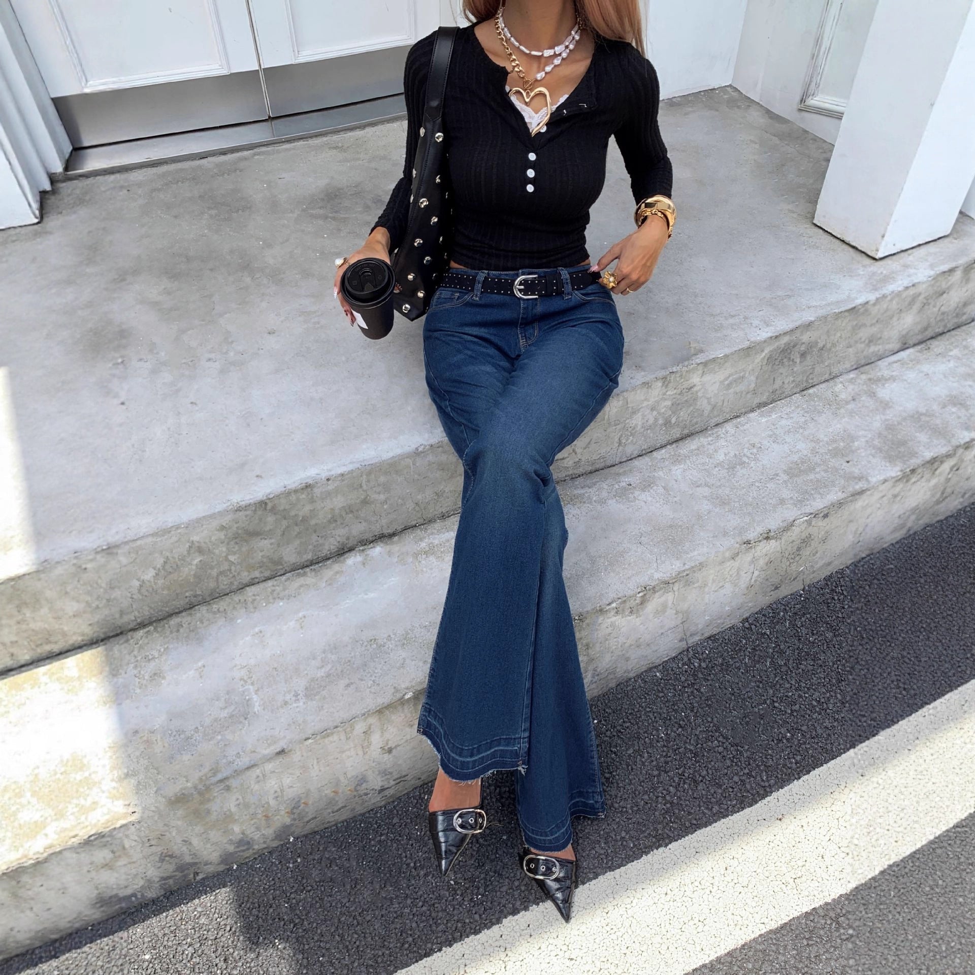 Slimming High Waist Denim Culottes Floor Grazing Fit In Dark Blue - Courbe et Compagnie