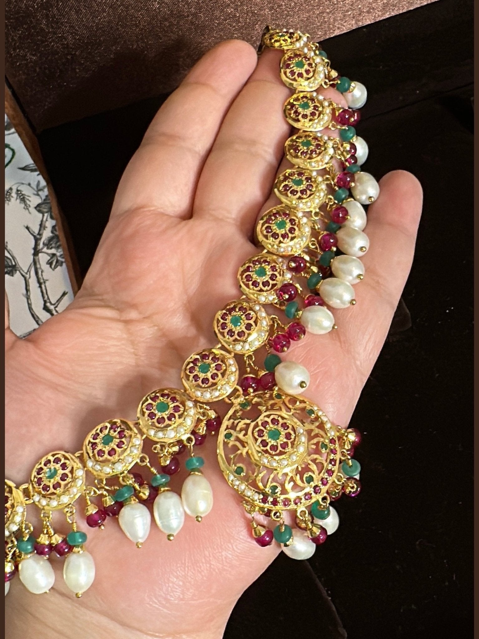 SN20 Ruby emerald pearl necklace with earrings|92.5silver gold plated ( READY TO SHIP ) - Courbe et Compagnie