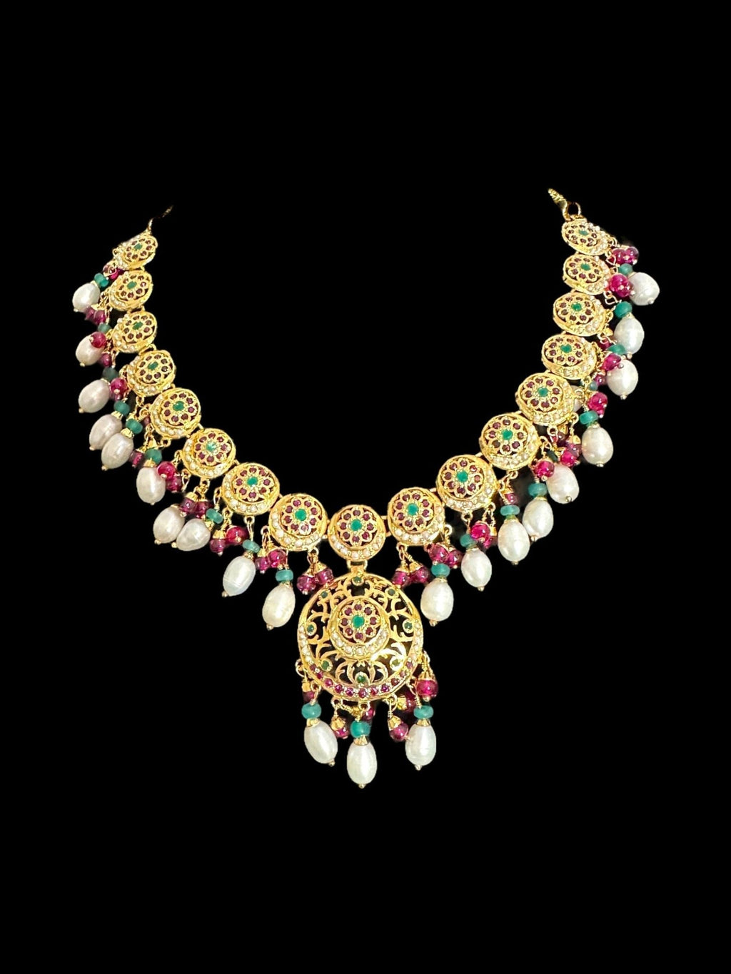 SN20 Ruby emerald pearl necklace with earrings|92.5silver gold plated ( READY TO SHIP ) - Courbe et Compagnie