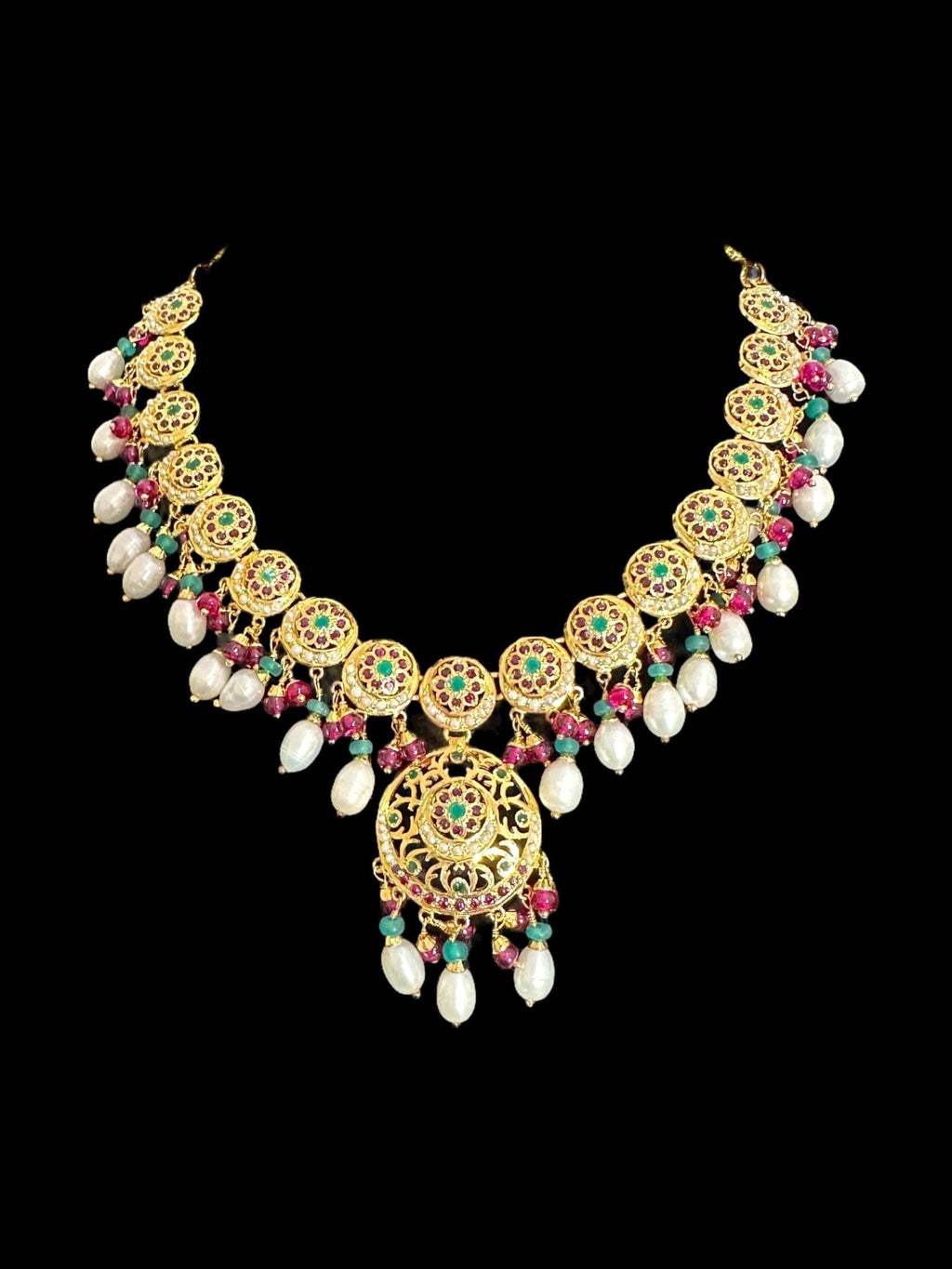 SN20 Ruby emerald pearl necklace with earrings|92.5silver gold plated ( READY TO SHIP ) - Courbe et Compagnie