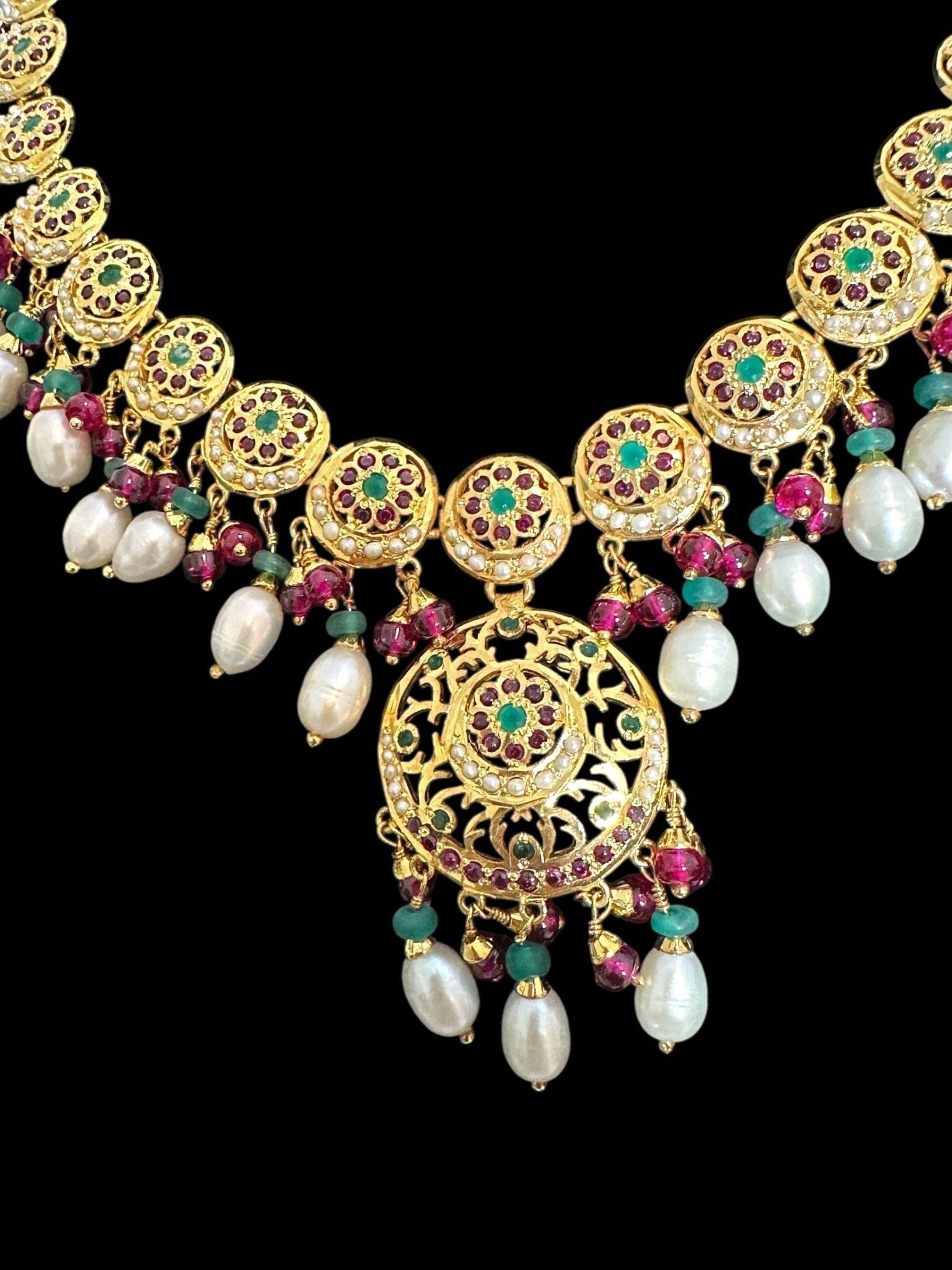 SN20 Ruby emerald pearl necklace with earrings|92.5silver gold plated ( READY TO SHIP ) - Courbe et Compagnie